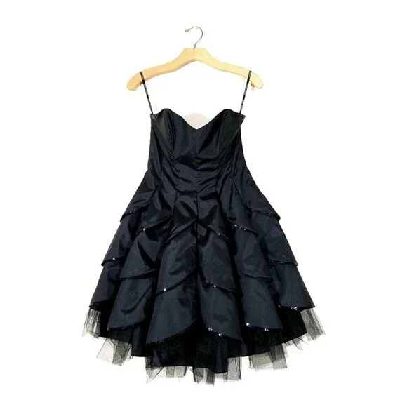 NEW Betsey Johnson Dahlia Whimsigoth Ruffle Tier Mini Dress Sequin Black Satin 8 - Picture 2 of 11